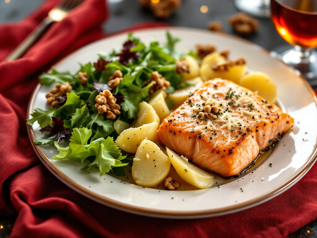 Simple New Year’s Eve Menu: Salmon Fillet with Potato Gratin and Lamb’s Lettuce image